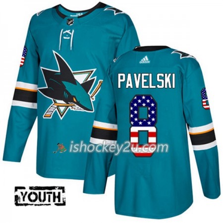Børn NHL San Jose Sharks Trøje Joe Pavelski 8 Adidas 2017-2018 Teal USA Flag Fashion Authentic